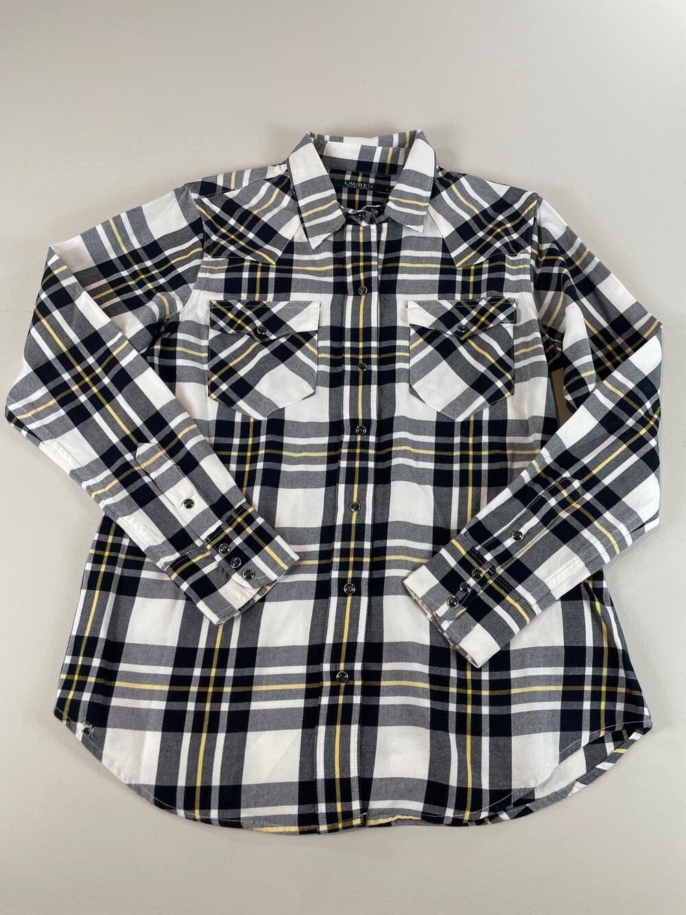 Ralph Lauren White Black Yellow Plaid Button‑Up Top Size L